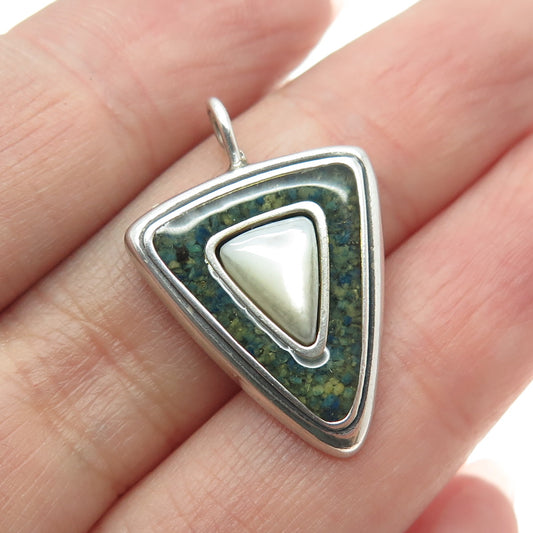 CAROLYN POLLACK 925 Sterling Vintage Mother-of-Pearl Turquoise Inlay Pendant