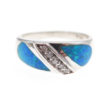 Opex 925 Sterling Silver Real Opal & Round-Cut C Z Ring Size 8