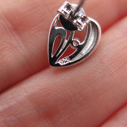 925 Sterling Silver Round-Cut C Z Textured Heart Earrings