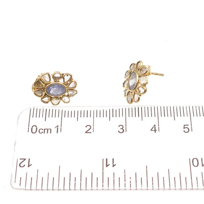 925 Sterling Silver Gold Plated Real Rose-Cut Diamond Tanzanite Floral Earrings