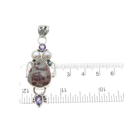 925 Sterling Silver Vintage Real Pearl Amethyst & Jasper Modernist Pendant