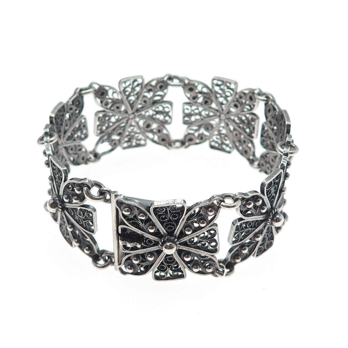 925 Sterling Silver Vintage GHG Artisan Cross Filigree Oxidized Bracelet 7.25"