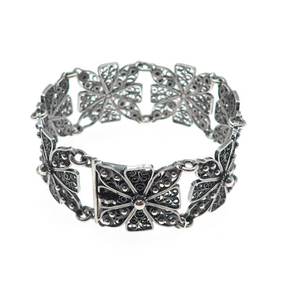 925 Sterling Silver Vintage GHG Artisan Cross Filigree Oxidized Bracelet 7.25"
