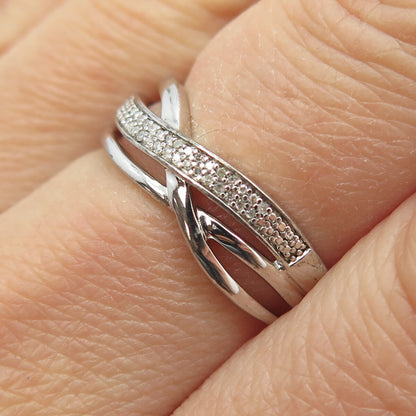 SUN 925 Sterling Silver Real Round-Cut Diamond Crisscross Ring Size 7