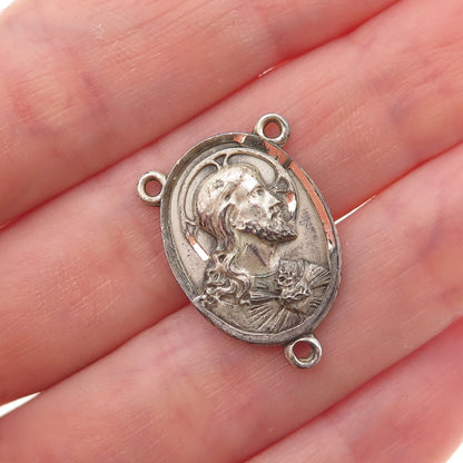 925 Sterling Silver Antique Art Deco Jesus & St. Mary Rosary Chain Charm Pendant