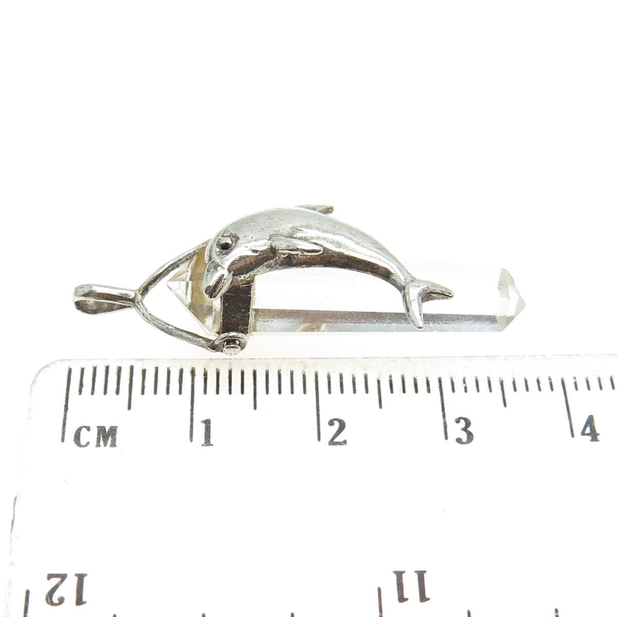 925 Sterling Silver Vintage Clear Quartz Dolphin Amulet Pendant