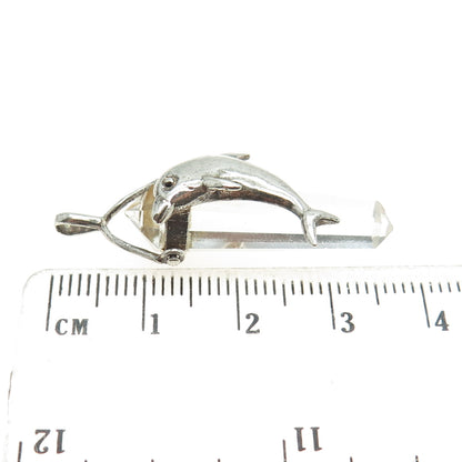 925 Sterling Silver Vintage Clear Quartz Dolphin Amulet Pendant