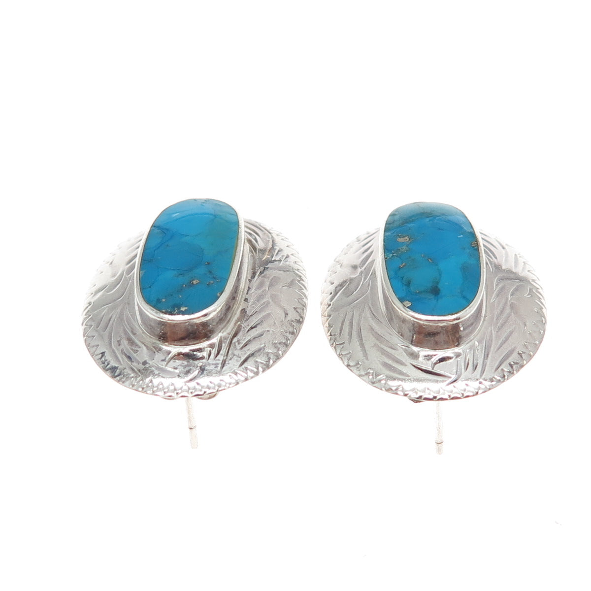 CHAPAL ZENRAY 925 Sterling Silver Vintage Real Morenci Turquoise Ethnic Earrings