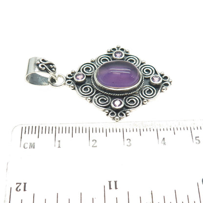 925 Sterling Silver Vintage Real Amethyst Gemstone Ethnic / Boho Pendant