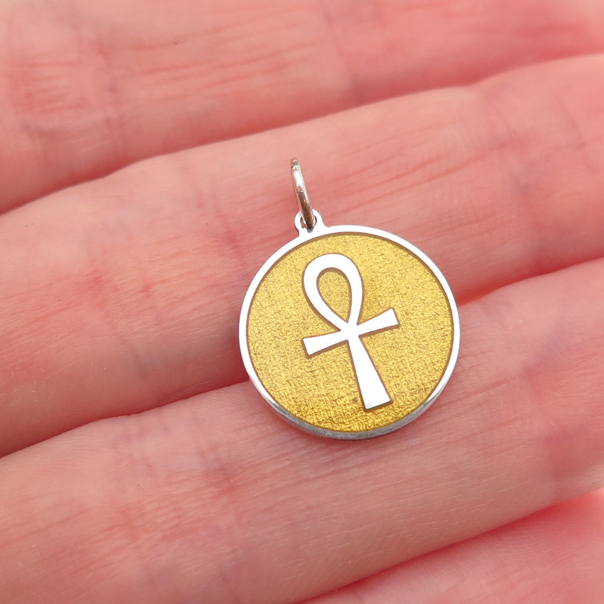925 Sterling Silver Yellow Enamel Egyptian Ankh Charm Pendant