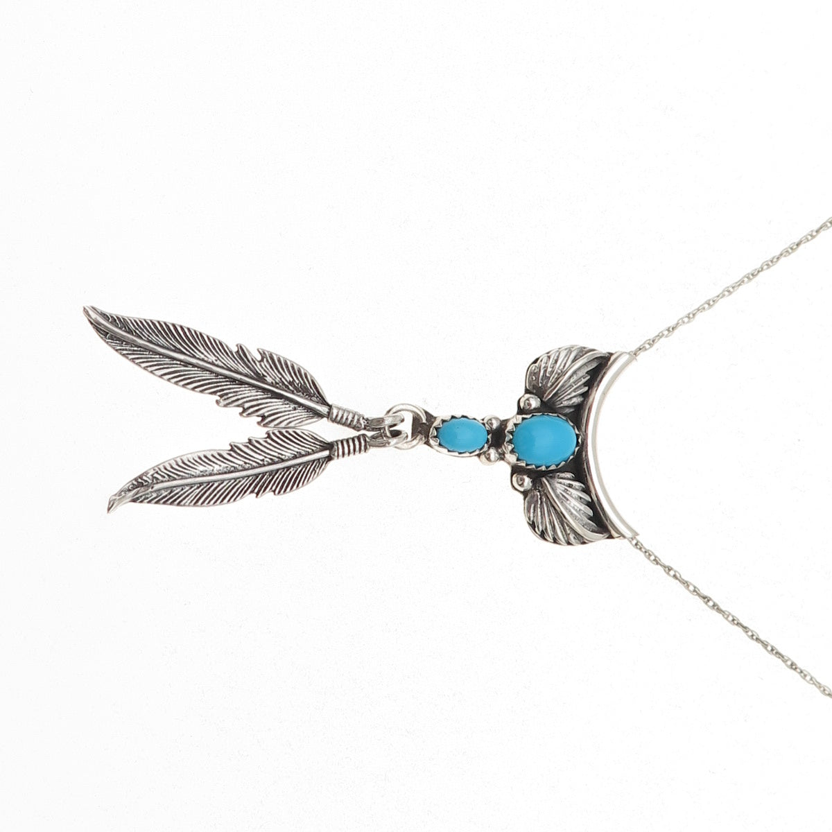 Benjamin James Navajo Old Pawn Sterling Vintage Turquoise Feather Necklace 18"