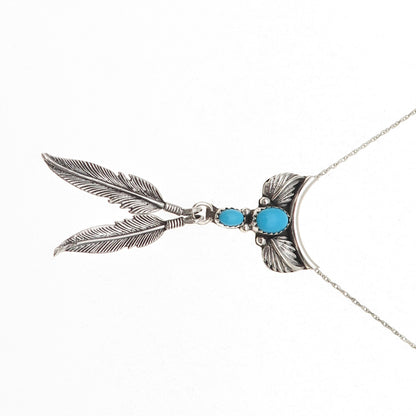 Benjamin James Navajo Old Pawn Sterling Vintage Turquoise Feather Necklace 18"