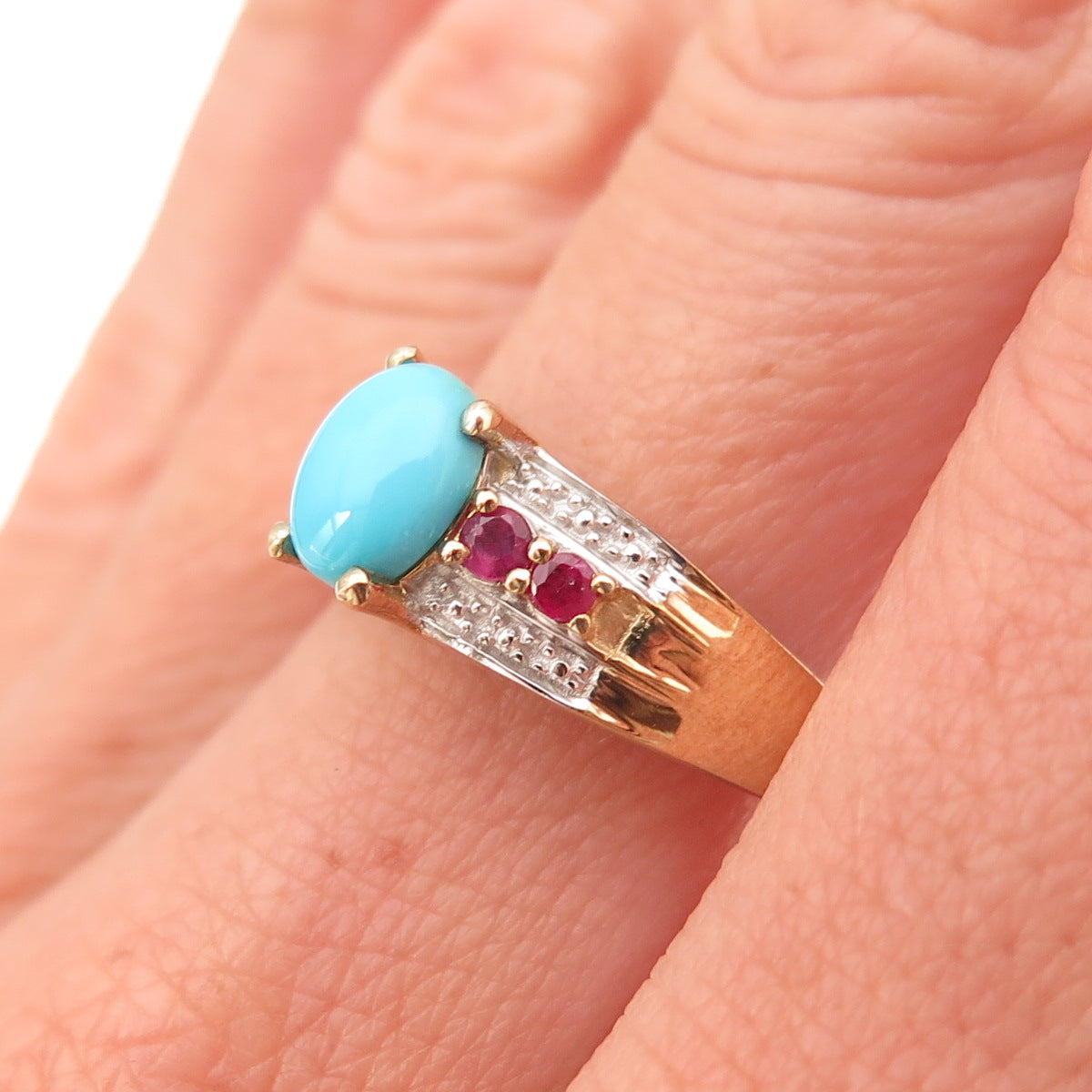 Chuck Clemency Sterling Silver Gold Plated Real Turquoise & Ruby Ring Size 8.25