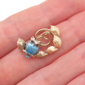Wells Sterling Silver Gold Filled Antique Art Deco Enamel Owl Floral Pin Brooch