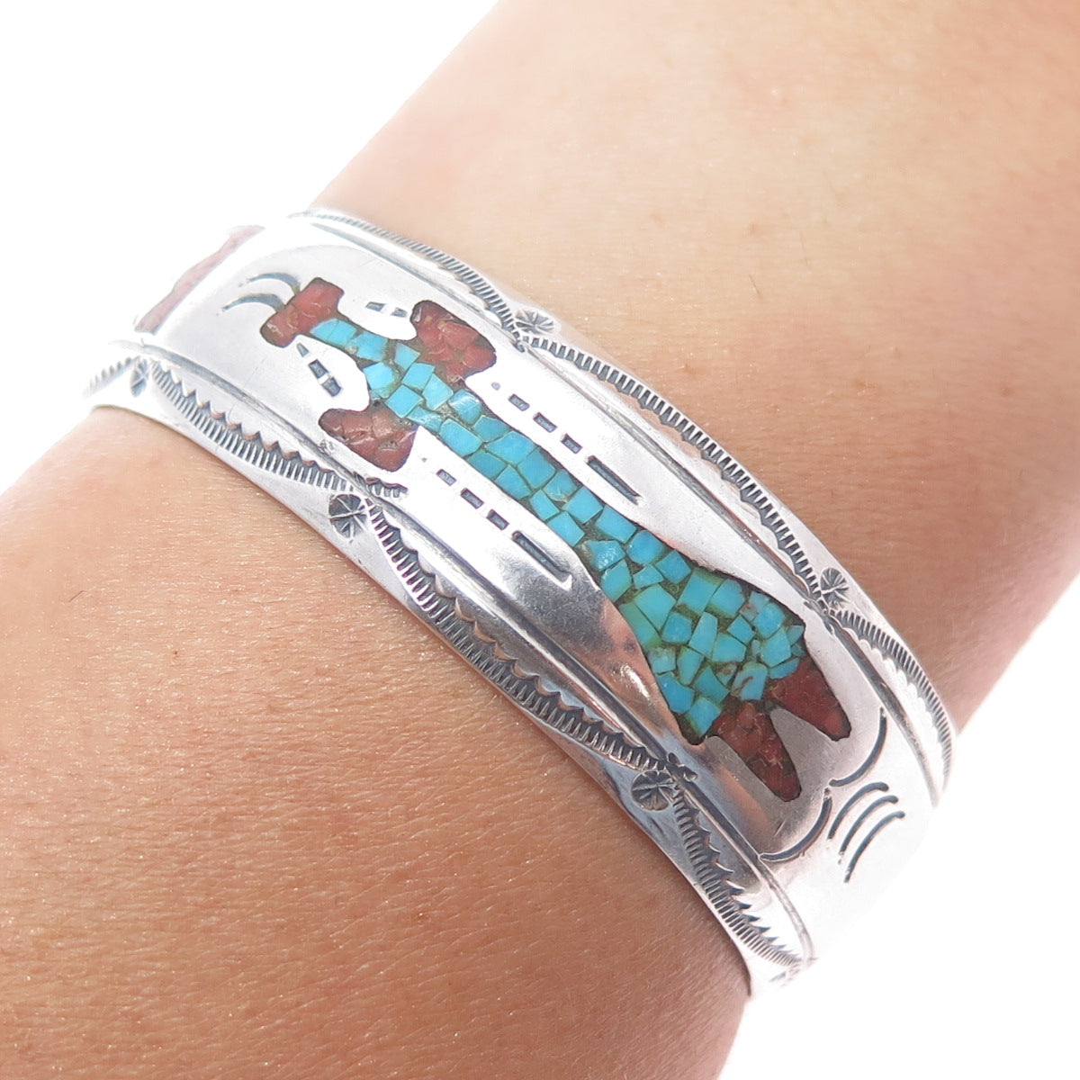 JIMMIE NEZZIE Old Pawn Sterling Turquoise Coral Inlay Adjustable Bracelet 6.25"
