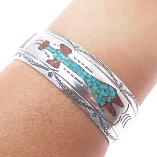 JIMMIE NEZZIE Old Pawn Sterling Turquoise Coral Inlay Adjustable Bracelet 6.25"