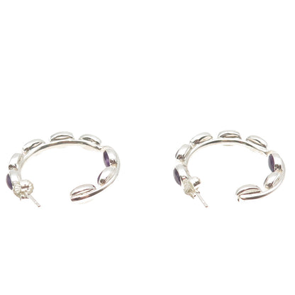 925 Sterling Silver Vintage Real Amethyst In & Out Hoop Earrings