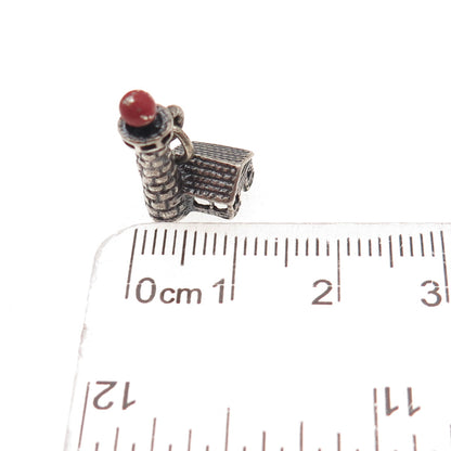 925 Sterling Silver Vintage Enamel Lighthouse Oxidized 3D Charm Pendant