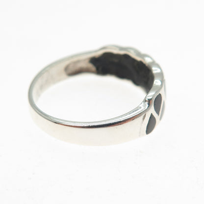 925 Sterling Silver Vintage Real Black Onyx Modernist Zig Zag Ring Size 7.75