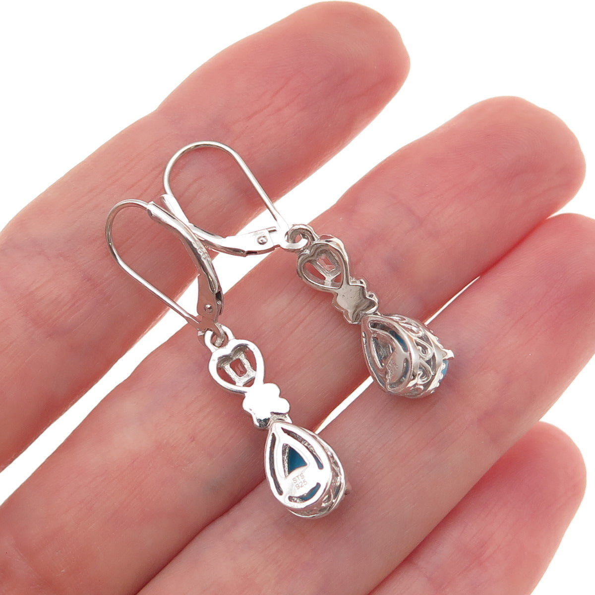 Chuck Clemency 925 Sterling Silver Real Turquoise & White Topaz Dangle Earrings