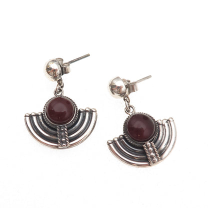925 Sterling Silver Vintage Real Carnelian Modernist Oxidized Dangle Earrings