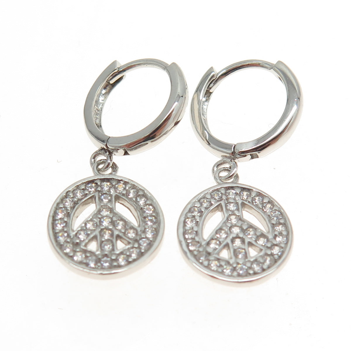 925 Sterling Silver Round-Cut C Z Peace Symbol Dangling Earrings