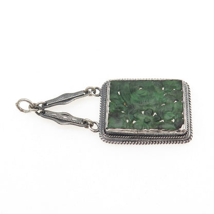 925 Sterling Silver Antique Art Deco Real Jade Carved Floral Chatelaine Pendant