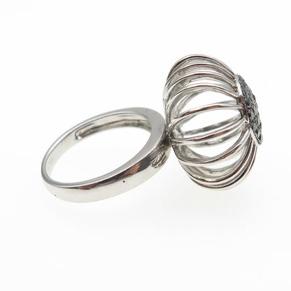 925 Sterling Silver Real Round-Cut Black Spinel Modernist Flower Ring Size 7.25