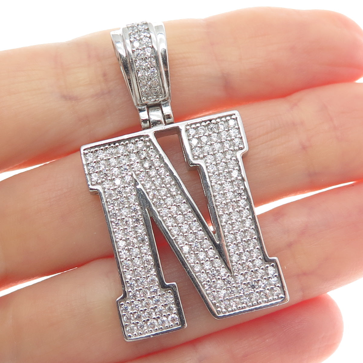 925 Sterling Silver Round-Cut Shaped C Z Letter N Initial Sparkle Pendant