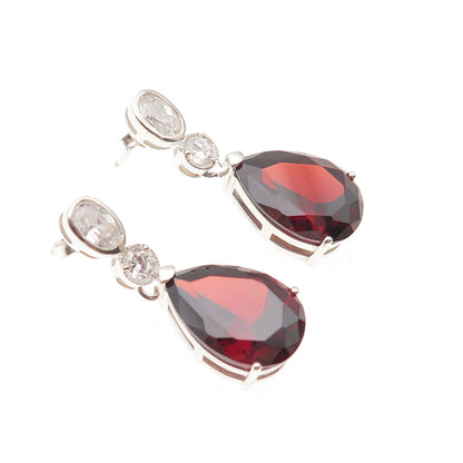 925 Sterling Silver Vintage Real Red Garnet & C Z Teardrop Dangle Earrings