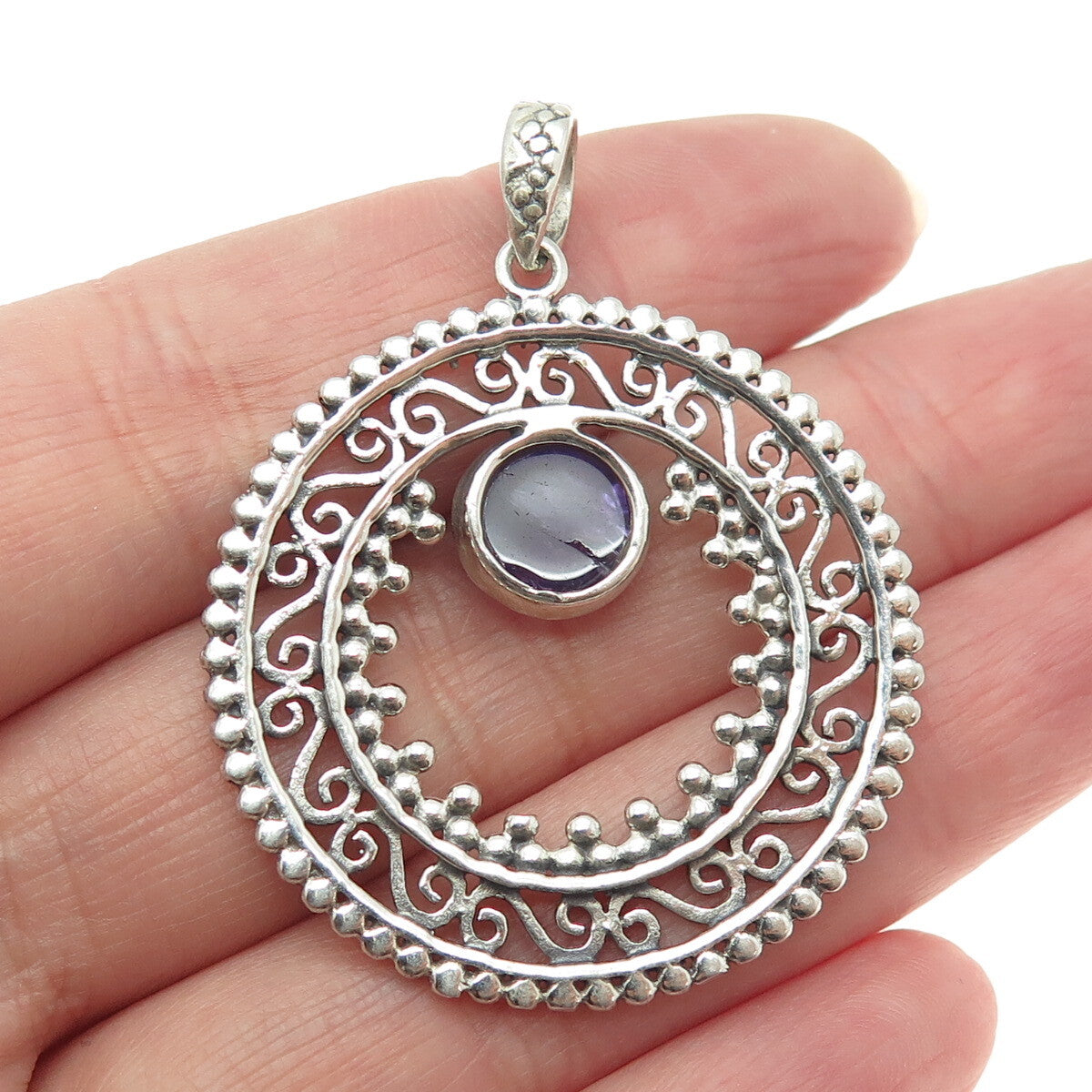 925 Sterling Silver Vintage Real Amethyst Swirl Granulated Pendant