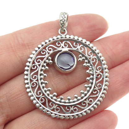 925 Sterling Silver Vintage Real Amethyst Swirl Granulated Pendant