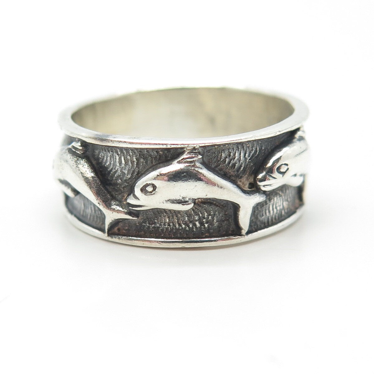 925 Sterling Silver Vintage Friendly Dolphin Band Ring Size 10