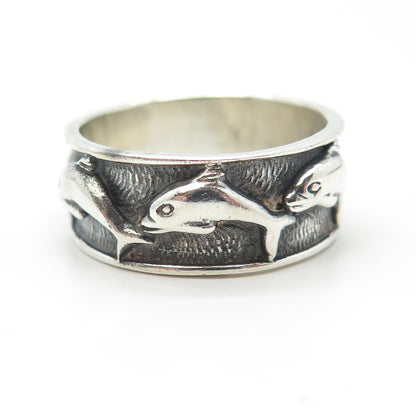 925 Sterling Silver Vintage Friendly Dolphin Band Ring Size 10