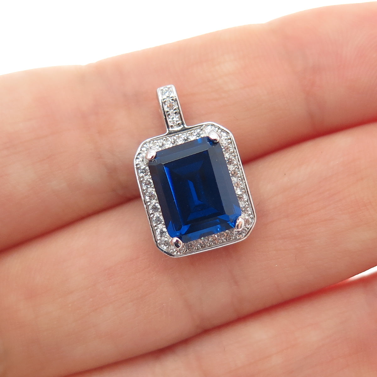 925 Sterling Silver Blue & White C Z Minimalist Charm Pendant