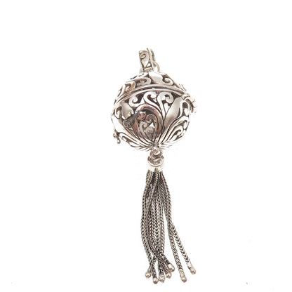 Annika Witt 925 Sterling Silver Vintage Floral Scroll Ball Cage Tassel Pendant