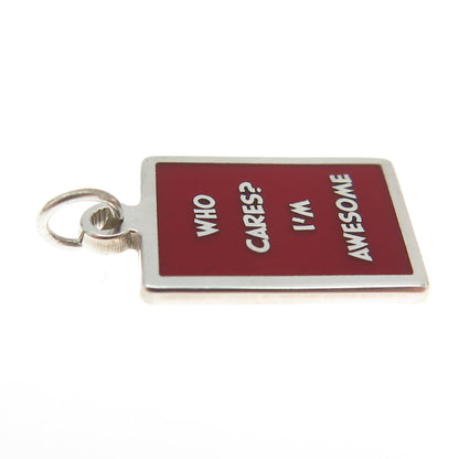 925 Sterling Silver Red Enamel "Who Cares I'm Awesome" Minimalist Charm Pendant