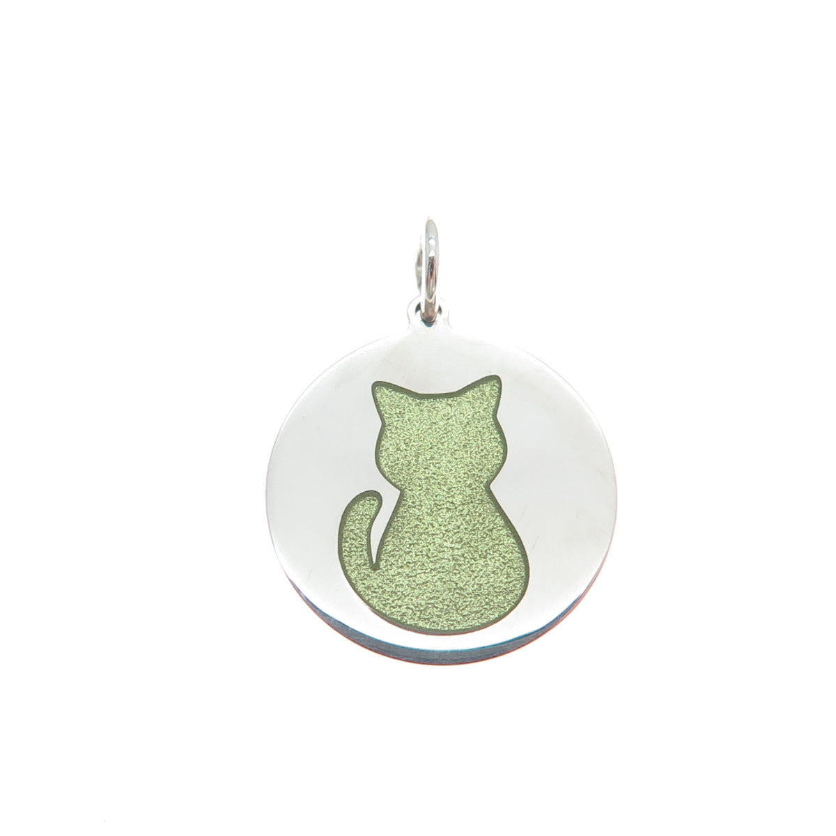 925 Sterling Silver Green Enamel Cat Round Tag Minimalist Charm Pendant