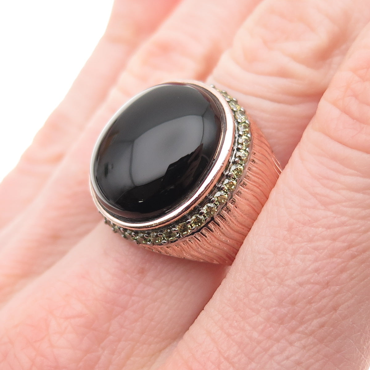 Arzy 925 Sterling Silver Rose Gold Plated Real Black Onyx & C Z Ring Size 7.25