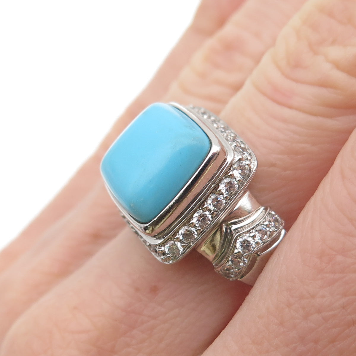 925 Sterling Silver Real Turquoise & Round-Cut C Z Ring Size 8