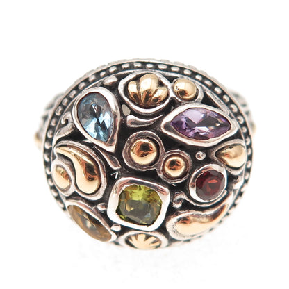 Samuel Benham 925 Sterling Silver 18K Gold Vintage Real Multi-Gem Ring Size 9