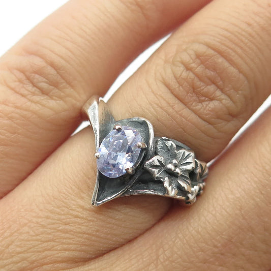 925 Sterling Silver Vintage Prairie Fire Lavender C Z Floral Ring Size 6