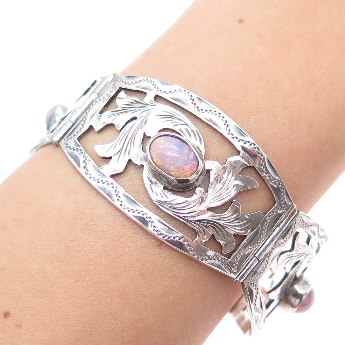 JOY 925 Sterling Silver Vintage Mexico Dragon Breath Opal Floral Bracelet 7.25"