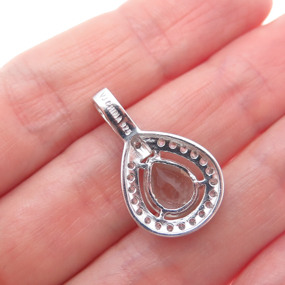 925 Sterling Silver Vintage Real Green Amethyst & C Z Teardrop Charm Pendant