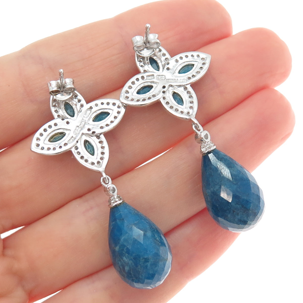 925 Sterling Silver Real Diamond Pear & Marquise-Cut Sapphire Flower Earrings