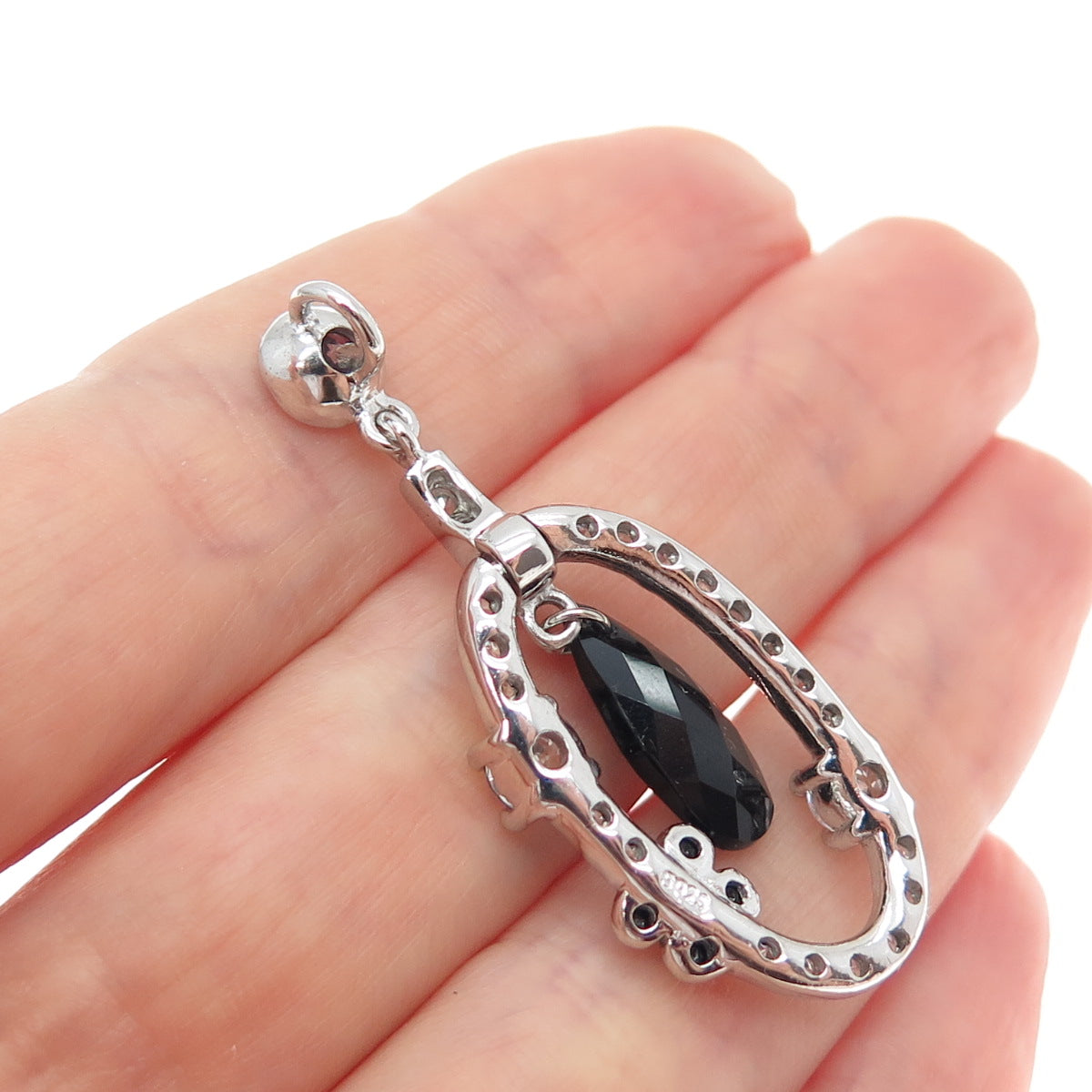 925 Sterling Silver Real Black Spinel & C Z Teardrop Butterfly Charm Pendant