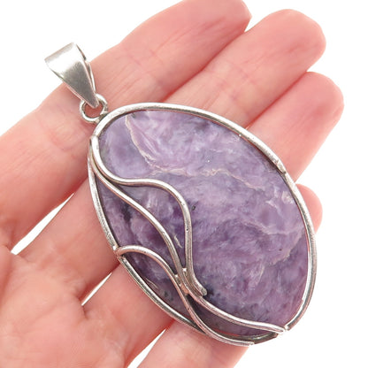 925 Sterling Silver Vintage Real Charoite Modernist Large Pendant