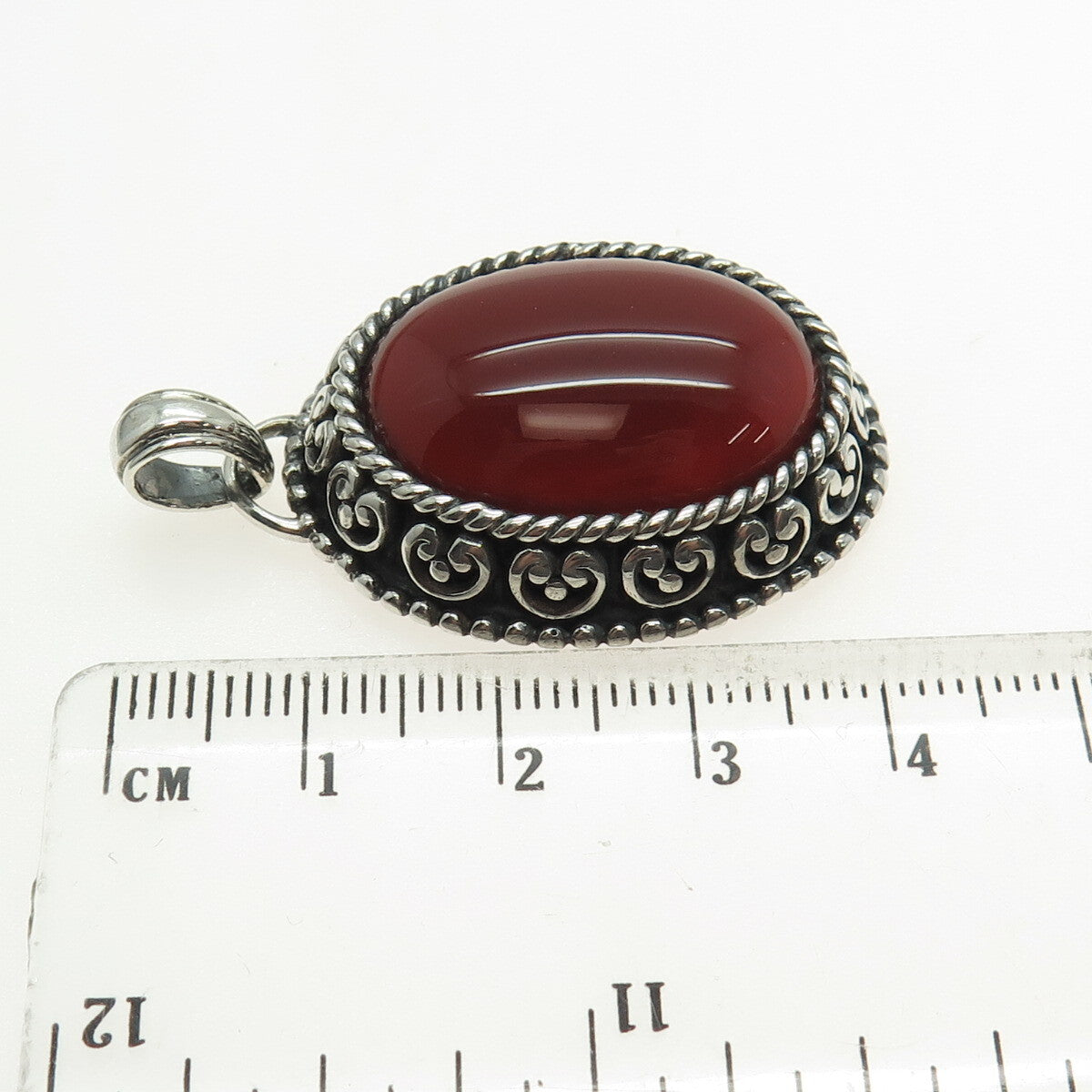 925 Sterling Silver Vintage Real Carnelian Heart Ornate Oxidized Charm Pendant