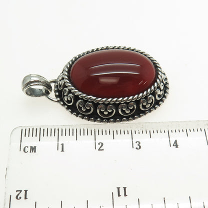 925 Sterling Silver Vintage Real Carnelian Heart Ornate Oxidized Charm Pendant