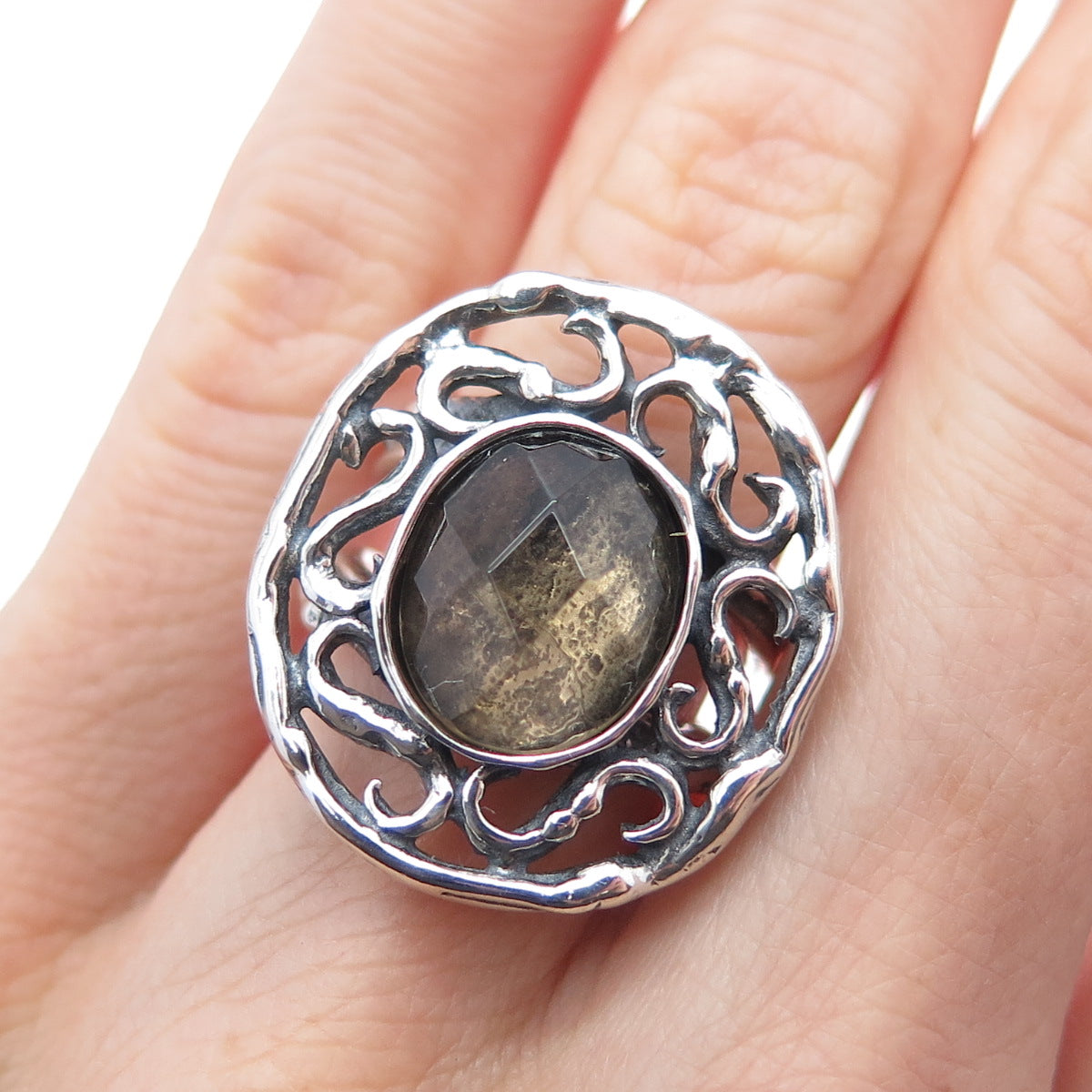 GOLAN GOLDEX Sterling Silver Vintage Real Smoky Quartz Oxidized Ring Size 5.75